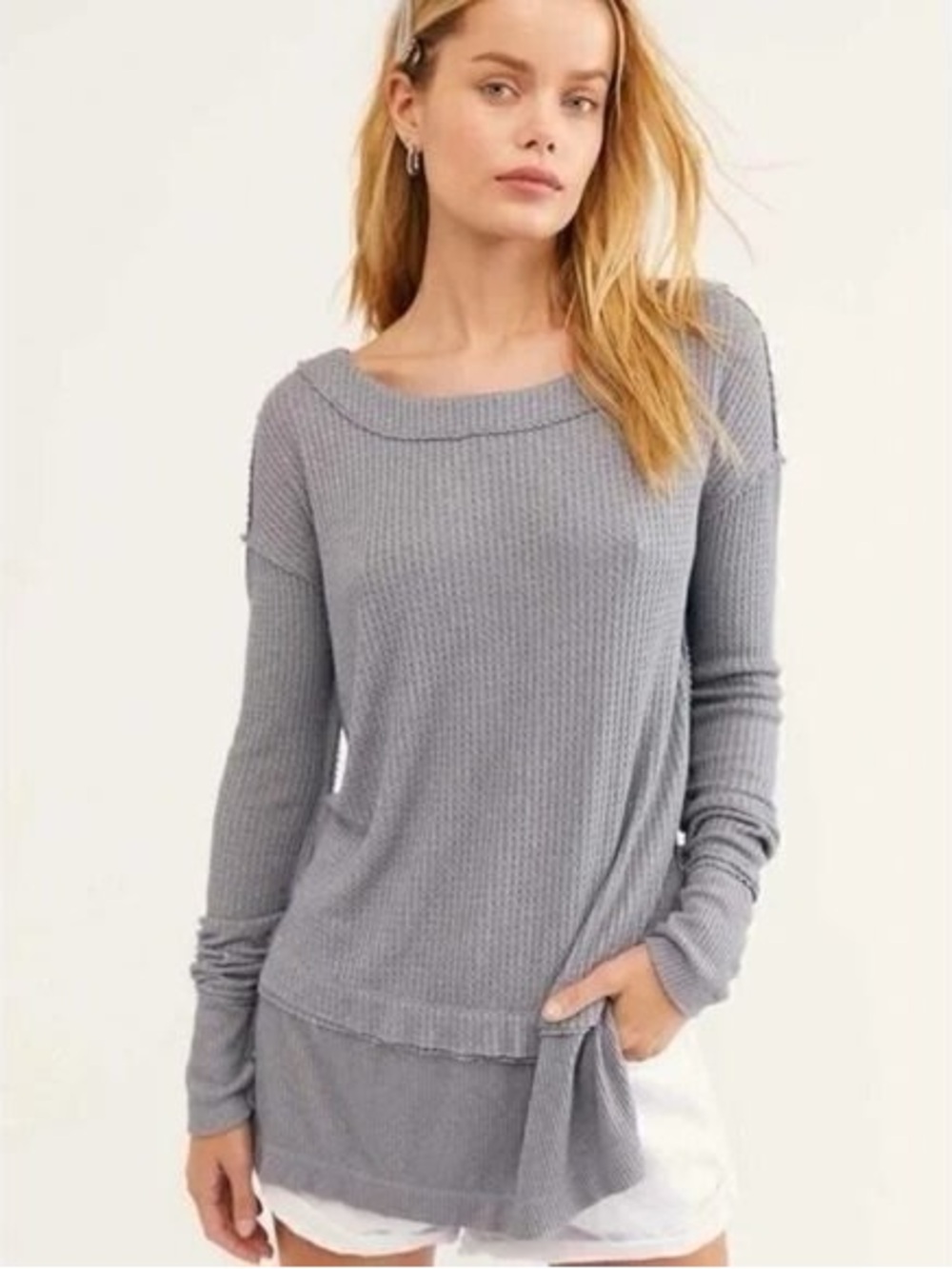 We The Free North Shore Thermal Waffle Tunic Gray Knit Top - Picture 2 of 8